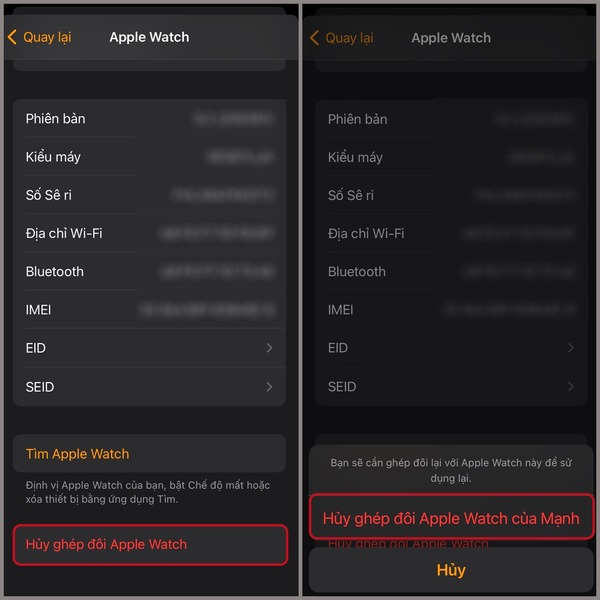Chọn "Hủy ghép đôi Apple Watch" để hoàn thành hủy kết nối giữa Apple Watch và iPhone   